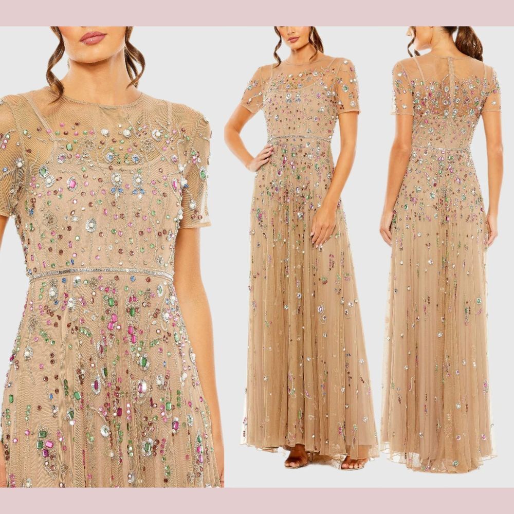 NEW$798 Mac Duggal [ 16 ] 93924 Embellished Sequin Detail A Line Gown Gold‎